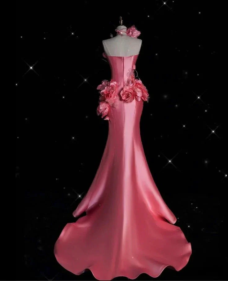 Pretty Pink Satin 3D Flowers Mermaid Prom Dress Long Evening Dress Y8339 - Image 4