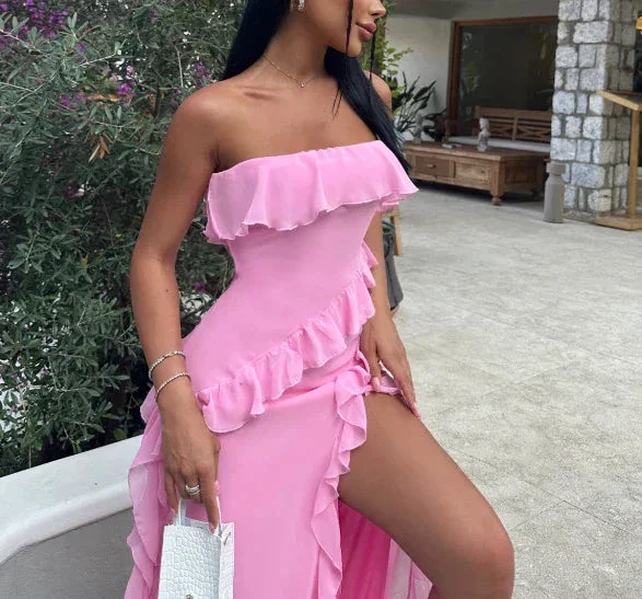 Pretty Pink Strapless Ruffle Slit Evening Dress Long Birthday Prom Dress Y8203 - Image 2