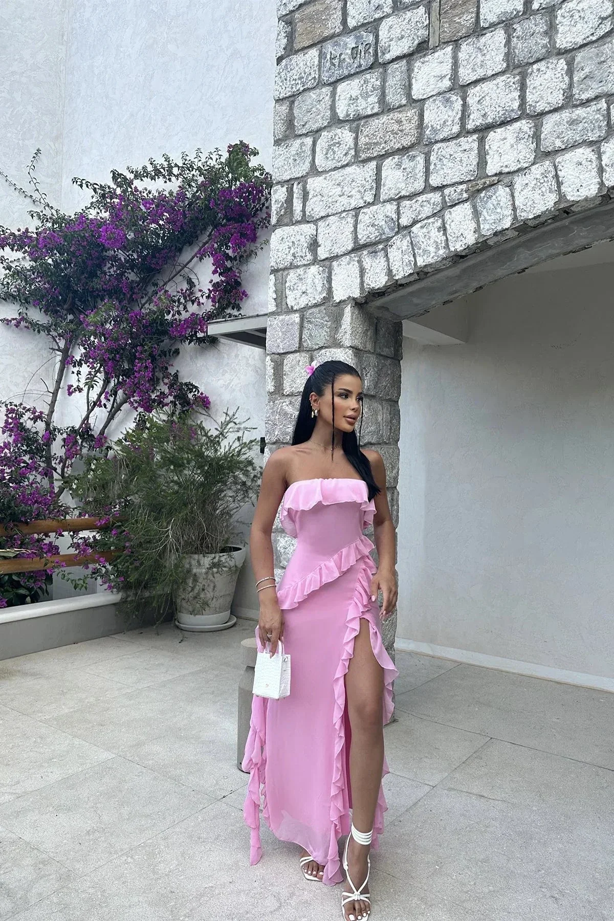 Pretty Pink Strapless Ruffle Slit Evening Dress Long Birthday Prom Dress Y8203 - Image 3
