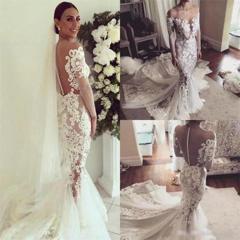 Pretty Pretty Mermaid Lace Appliques Long Sleeves Sheer Tulle Elegant Wedding Dresses - Image 2