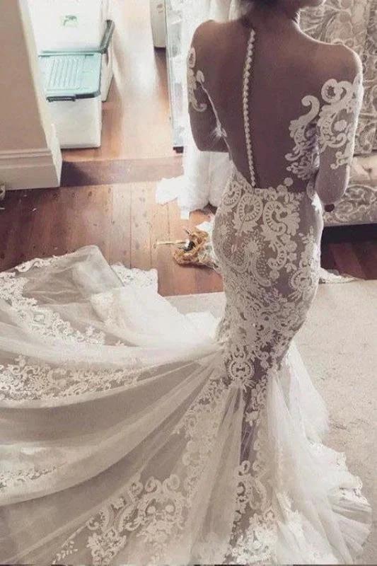 Pretty Pretty Mermaid Lace Appliques Long Sleeves Sheer Tulle Elegant Wedding Dresses - Image 3