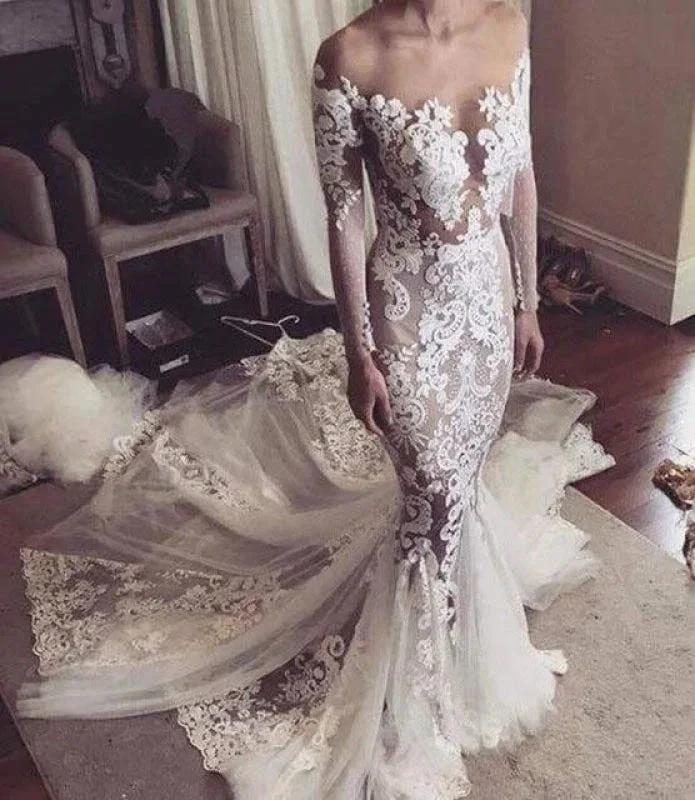 Pretty Pretty Mermaid Lace Appliques Long Sleeves Sheer Tulle Elegant Wedding Dresses - Image 4
