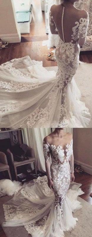 Pretty Pretty Mermaid Lace Appliques Long Sleeves Sheer Tulle Elegant Wedding Dresses - Image 5