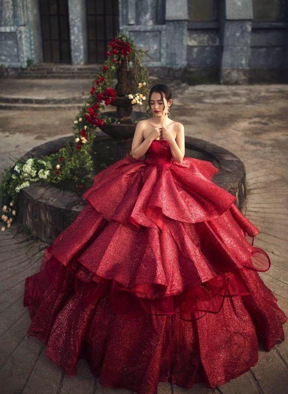 Pretty princess off the shoulder red sparkle ball gown wedding dress with tiered skirt and glitter tulle Y55 - Image 2