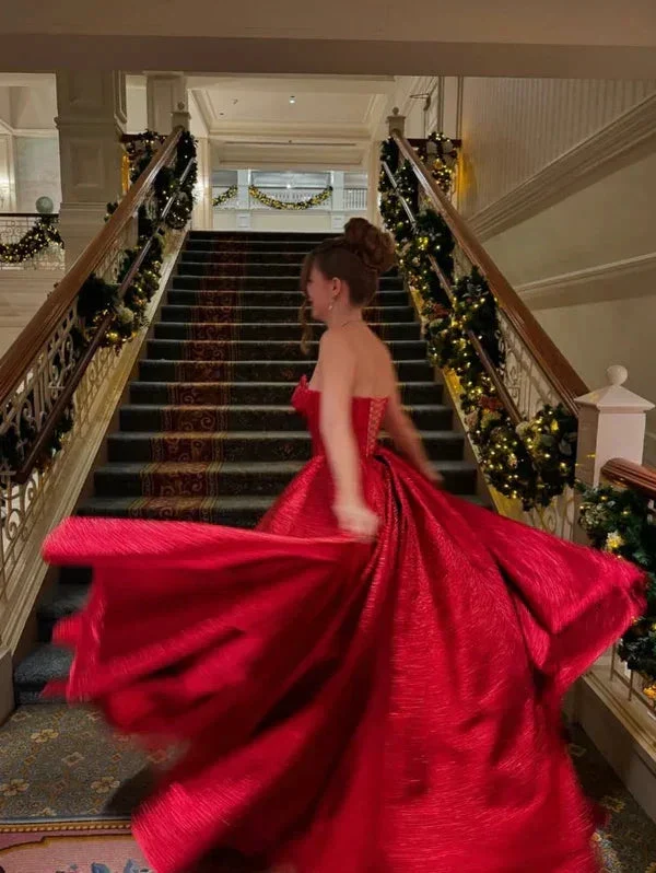 Pretty Red Satin A Line Party Prom Dress,Strapless Ball Gown Y8086 - Image 2