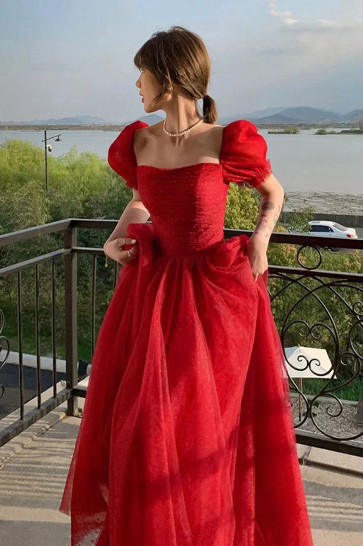 Pretty Red Tulle A Line Prom Dress Long Evening Dress Y7771 - Image 2