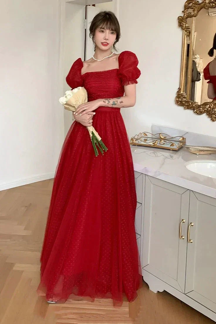 Pretty Red Tulle A Line Prom Dress Long Evening Dress Y7771 - Image 3