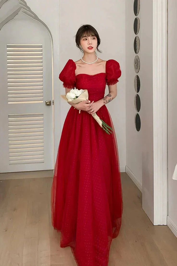 Pretty Red Tulle A Line Prom Dress Long Evening Dress Y7771 - Image 4