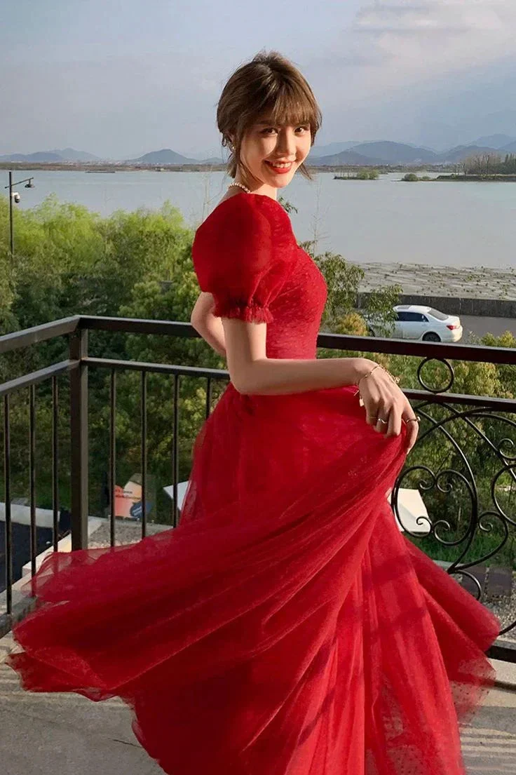 Pretty Red Tulle A Line Prom Dress Long Evening Dress Y7771 - Image 5