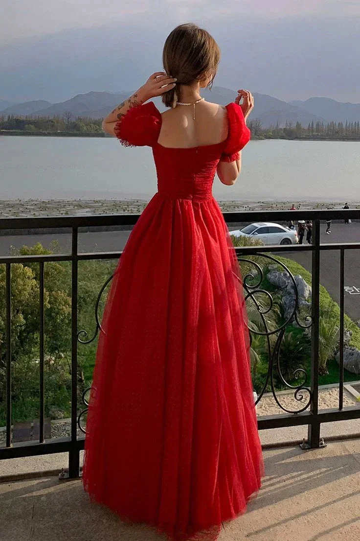 Pretty Red Tulle A Line Prom Dress Long Evening Dress Y7771 - Image 6