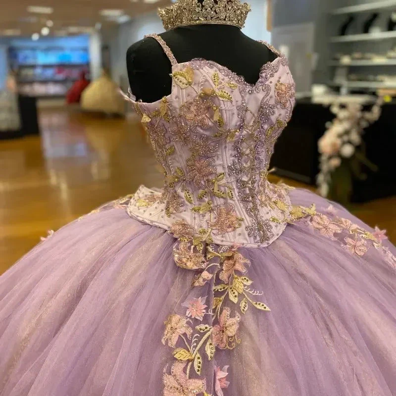 Pretty Spaghetti Straps 3D Flowers Adorned Court Train Quinceanera Ball Gown Lace Inside Y1247 - Image 2