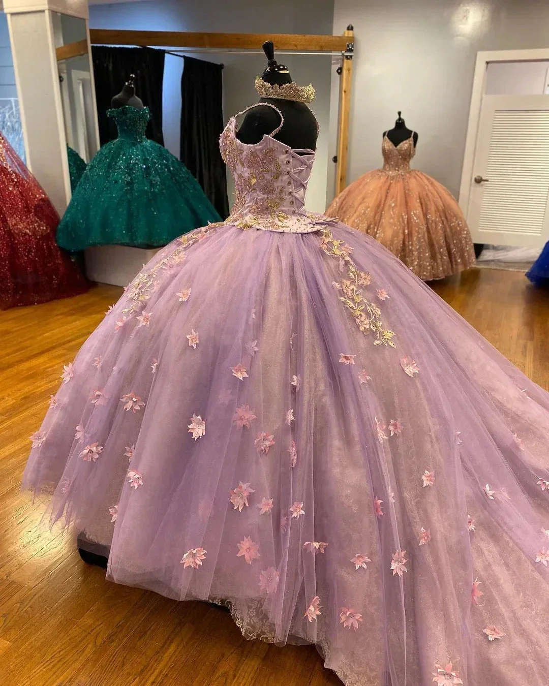 Pretty Spaghetti Straps 3D Flowers Adorned Court Train Quinceanera Ball Gown Lace Inside Y1247 - Image 3