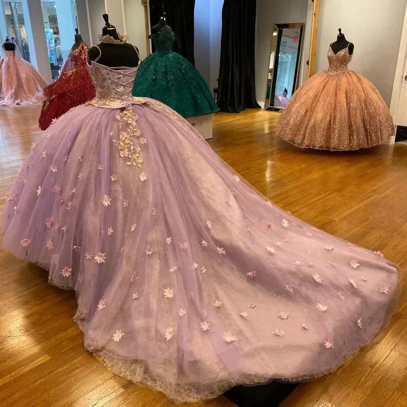 Pretty Spaghetti Straps 3D Flowers Adorned Court Train Quinceanera Ball Gown Lace Inside Y1247 - Image 4