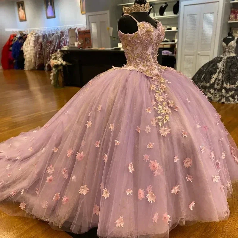 Pretty Spaghetti Straps 3D Flowers Adorned Court Train Quinceanera Ball Gown Lace Inside Y1247 - Image 5