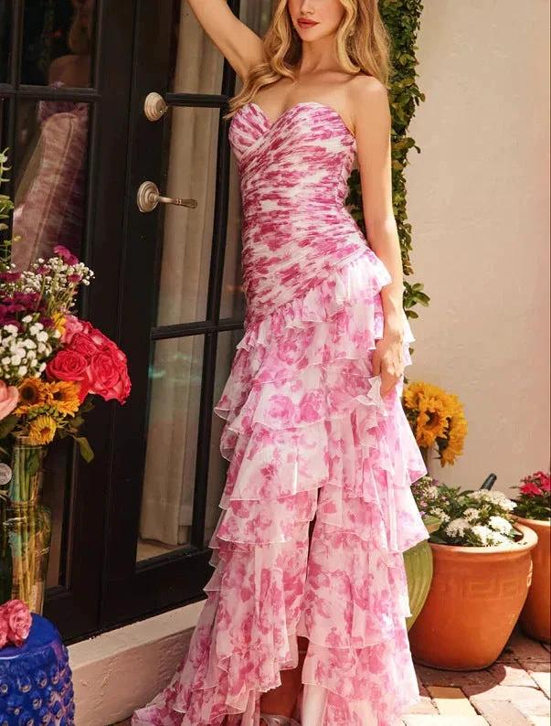 Pretty Strapless Chiffon Print Floral Layered Evening Dress Slit Prom Dress Y7881 - Image 2