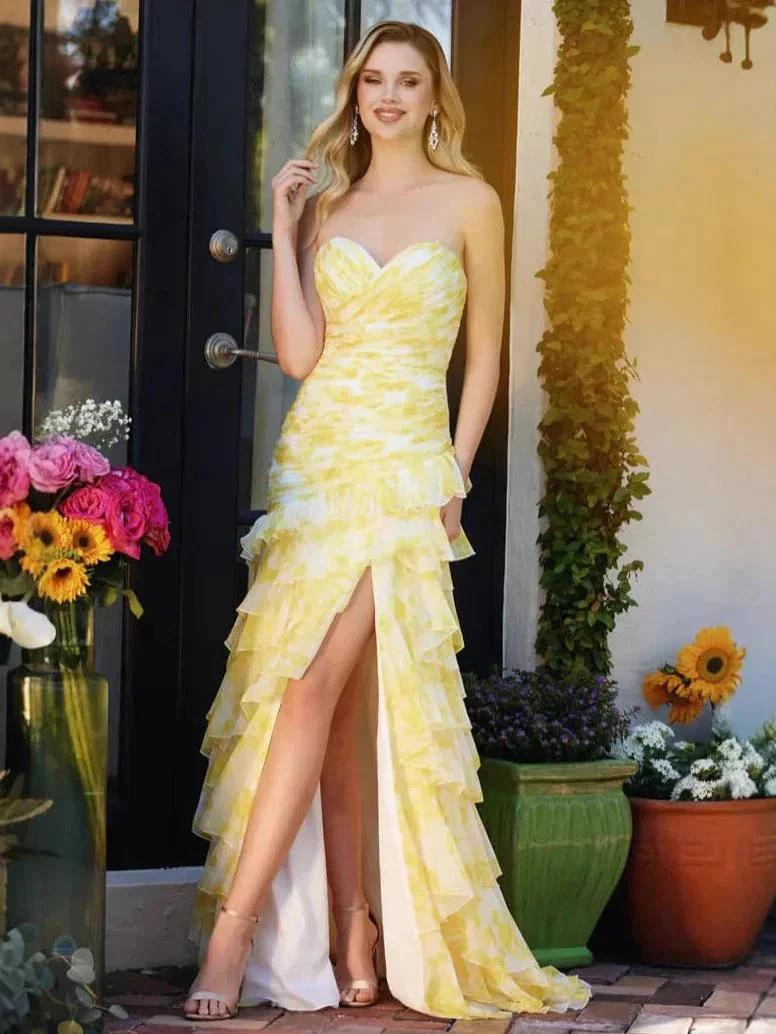 Pretty Strapless Chiffon Print Floral Layered Evening Dress Slit Prom Dress Y7881 - Image 6