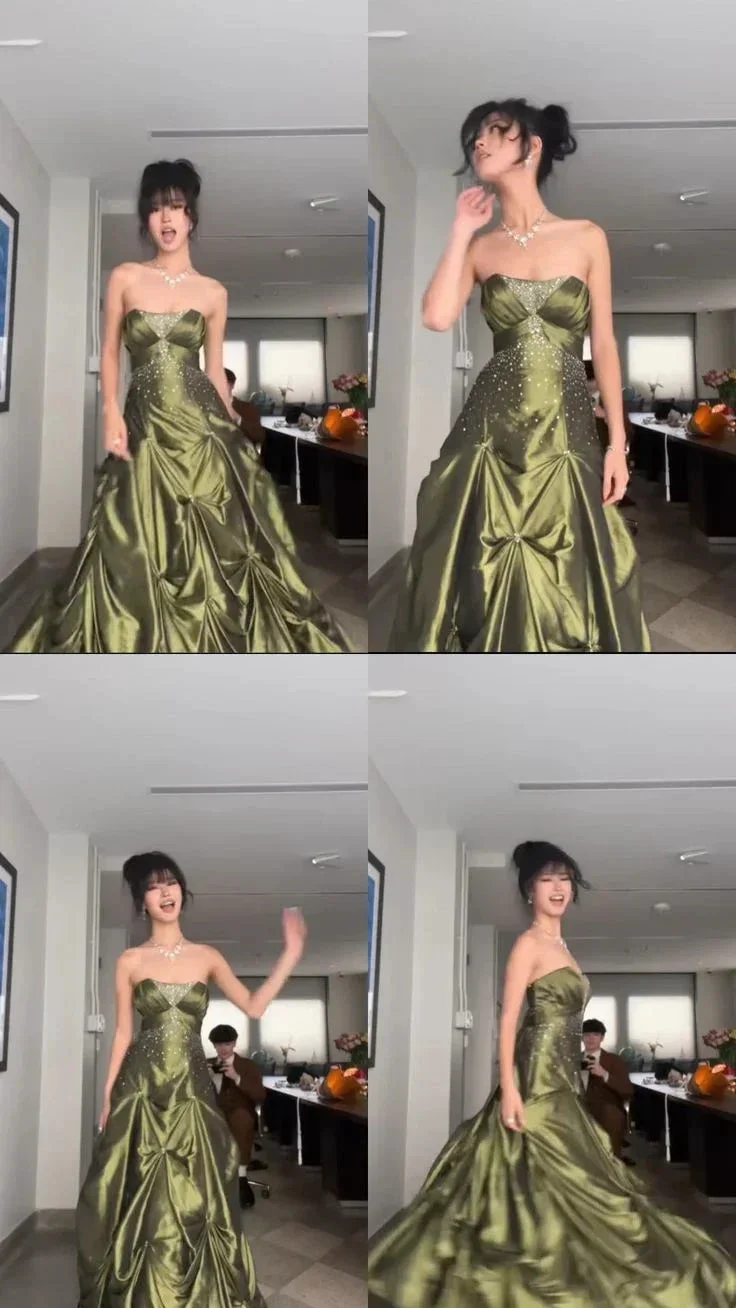 Pretty Strapless Green Satin Beaded Long Prom Dress Formal Brithday Dress Ball Gown Y7533 - Image 2