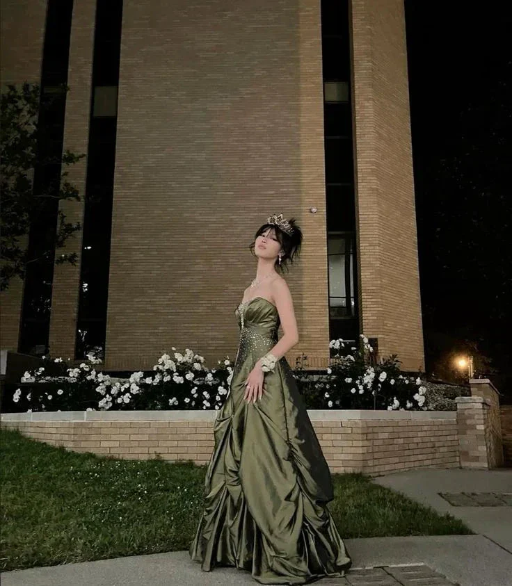 Pretty Strapless Green Satin Beaded Long Prom Dress Formal Brithday Dress Ball Gown Y7533 - Image 3