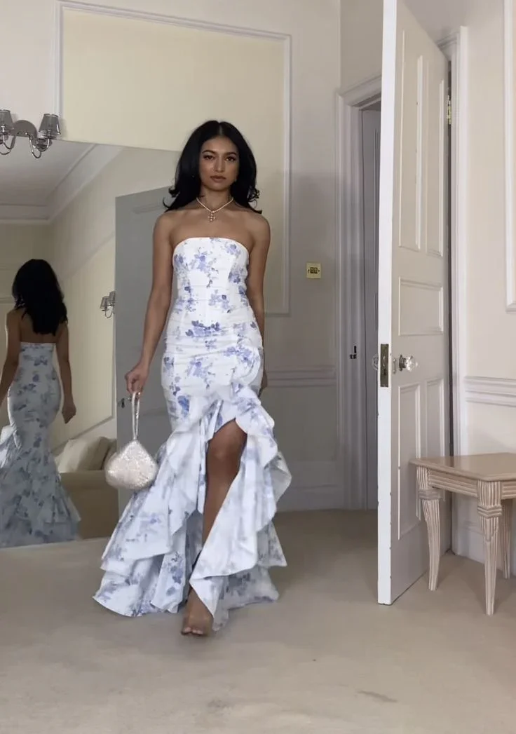 Pretty Strapless Mermaid Evening Dress SAtin Print Floral Ruffless Party Prom Dress Y7998 - Image 2