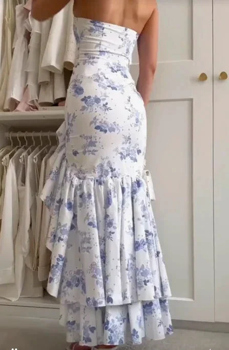 Pretty Strapless Mermaid Evening Dress SAtin Print Floral Ruffless Party Prom Dress Y7998 - Image 3