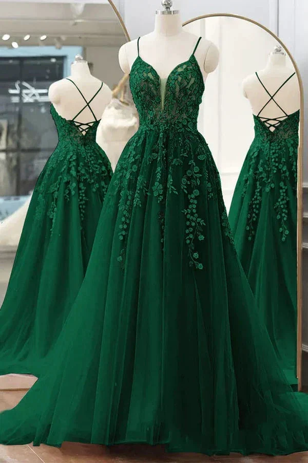 Pretty V Neck Green Lace Floral Long Prom Dresses, A Line Tulle Formal Evening Dresses  Y4251 - Image 2