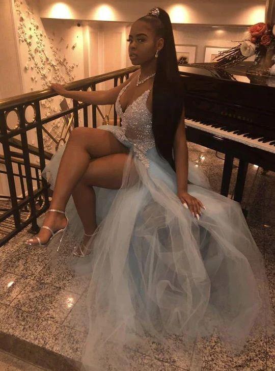 Pretty V neck Lace Prom Dress, Sexy Split Slit Evening Dress Y170 - Image 2