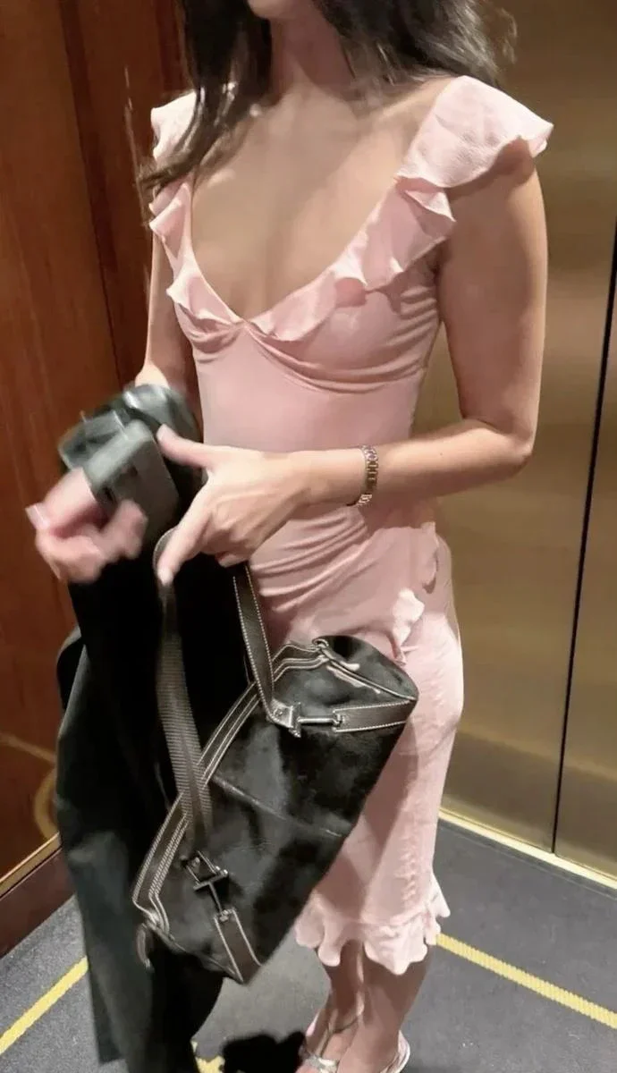 Pretty V Neck Pink Chiffon Ruffles Prom Evening Dress Y7875 - Image 2