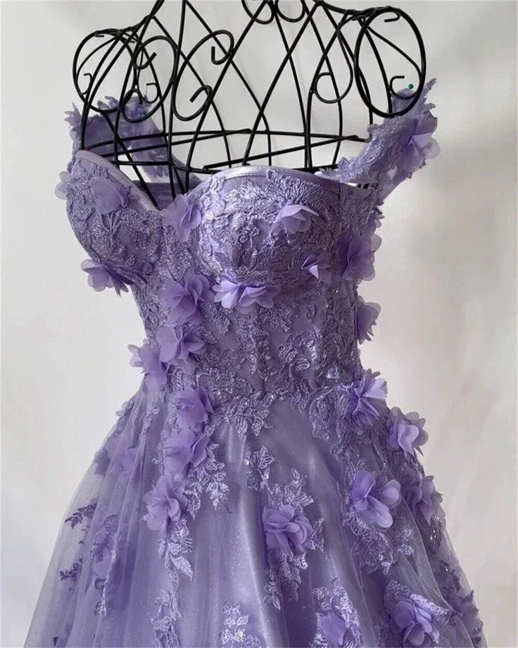 Princess 3D Flower sweet A-line Tulle Evening Dress/ Purple Prom Dress Handmade Y4677 - Image 2