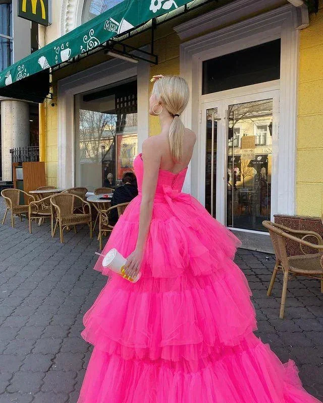 Princess A Line High Low Strapless Pink Long Prom/Evening Dress Ruffles Y76 - Image 2