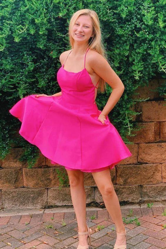 Princess A Line Hot Pink Straps Short Homecoming Dresses With Pockets Y34 - Image 2