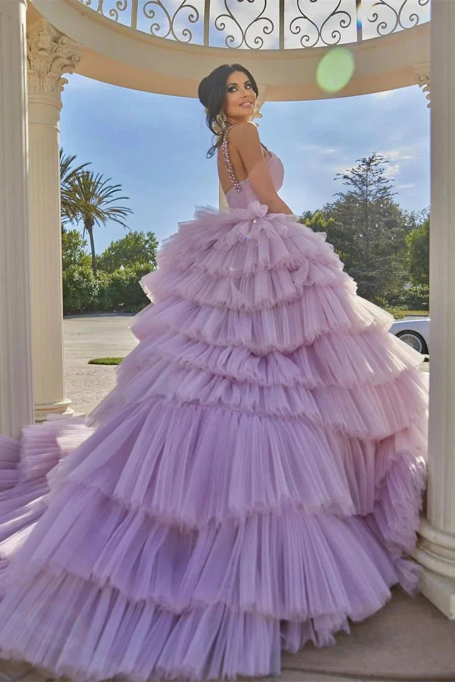 Princess A-line Lilac Straps Ruffles Sleeveless Prom Dress - Image 2