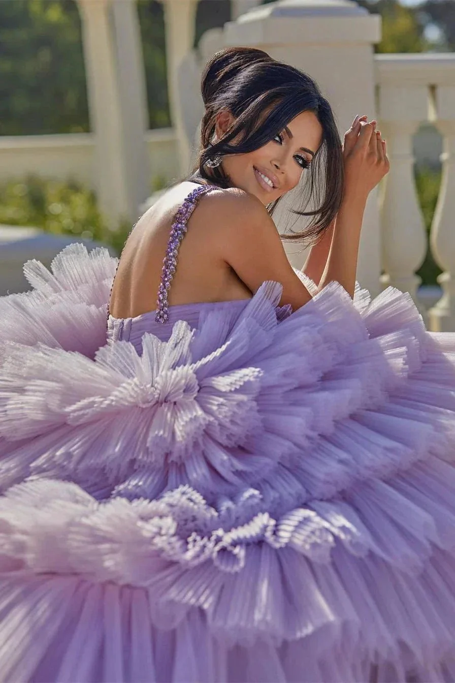 Princess A-line Lilac Straps Ruffles Sleeveless Prom Dress - Image 3