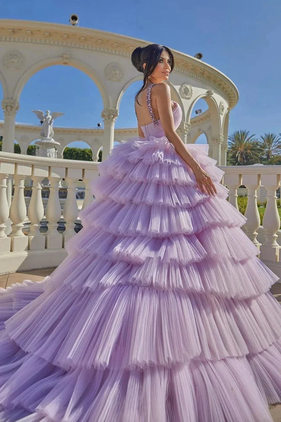 Princess A-line Lilac Straps Ruffles Sleeveless Prom Dress - Image 4
