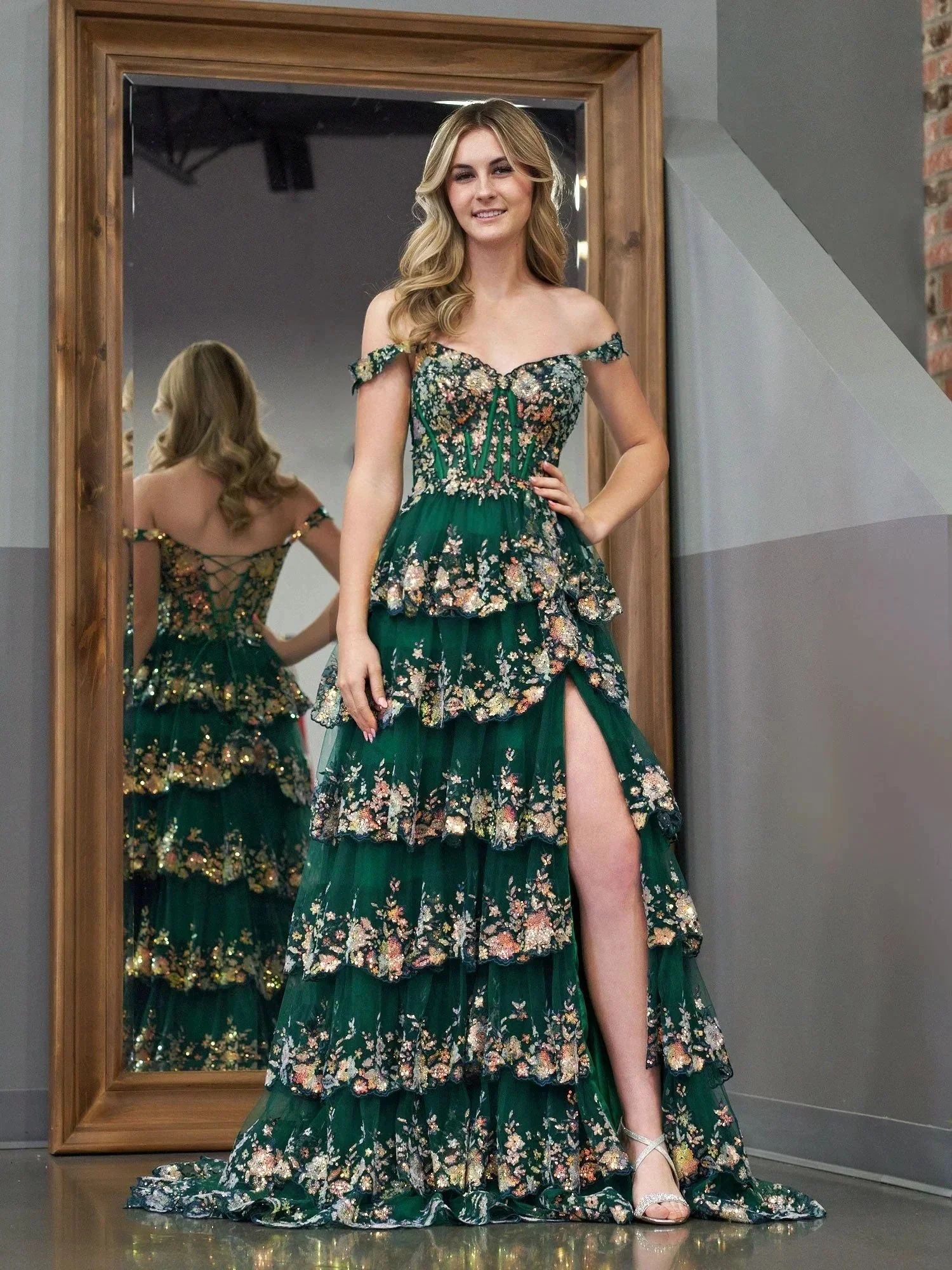 Princess A Line Off the Shoulder Corset Prom Dress with Lace Ruffles - Image 10