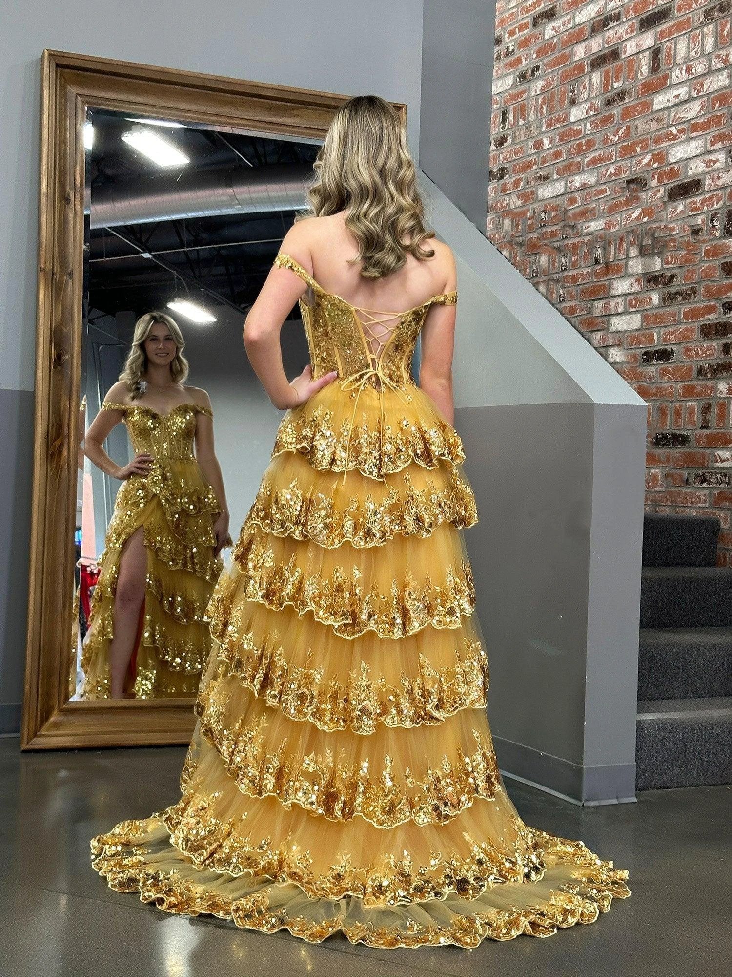 Princess A Line Off the Shoulder Corset Prom Dress with Lace Ruffles - Image 2