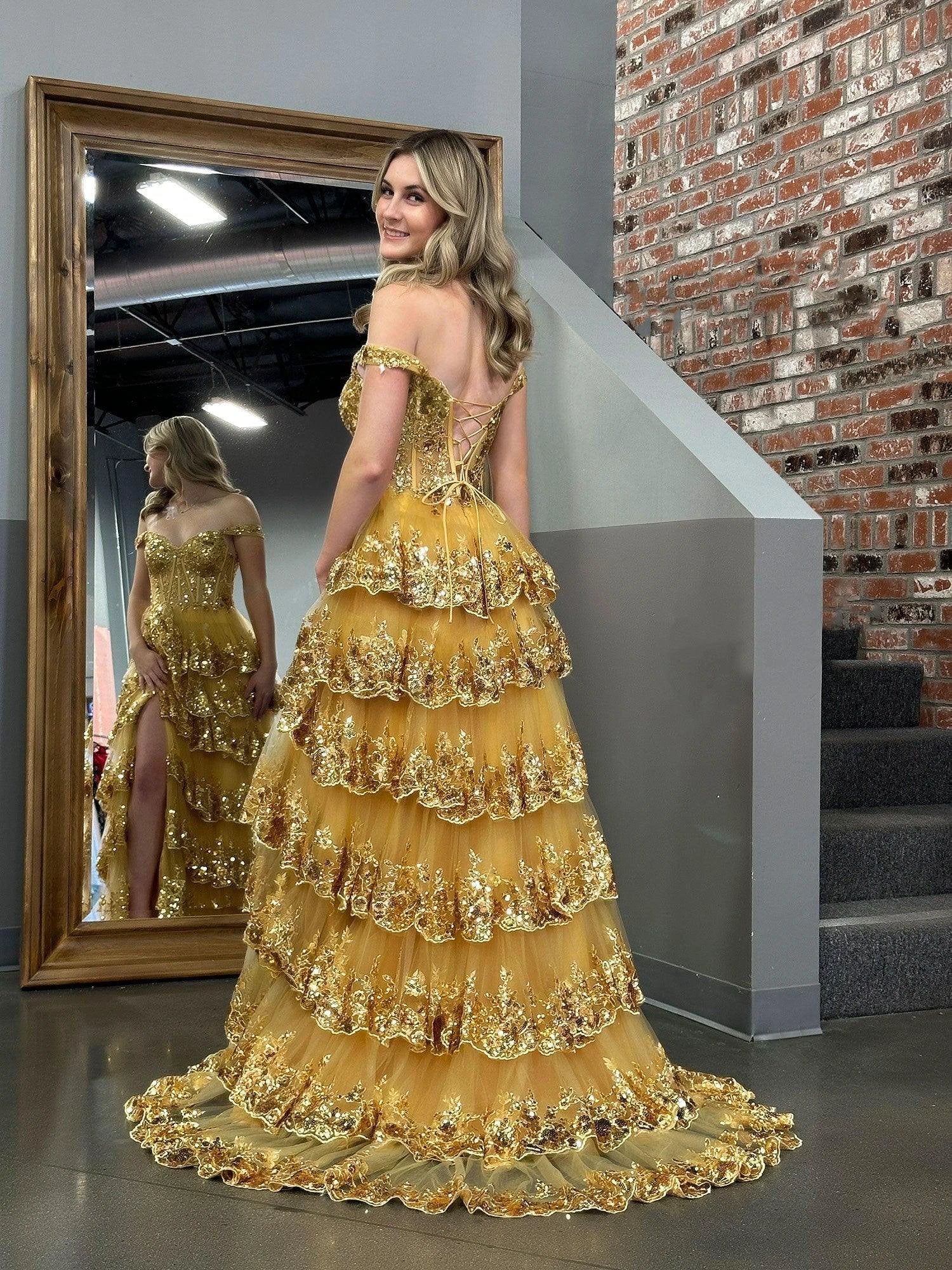 Princess A Line Off the Shoulder Corset Prom Dress with Lace Ruffles - Image 3