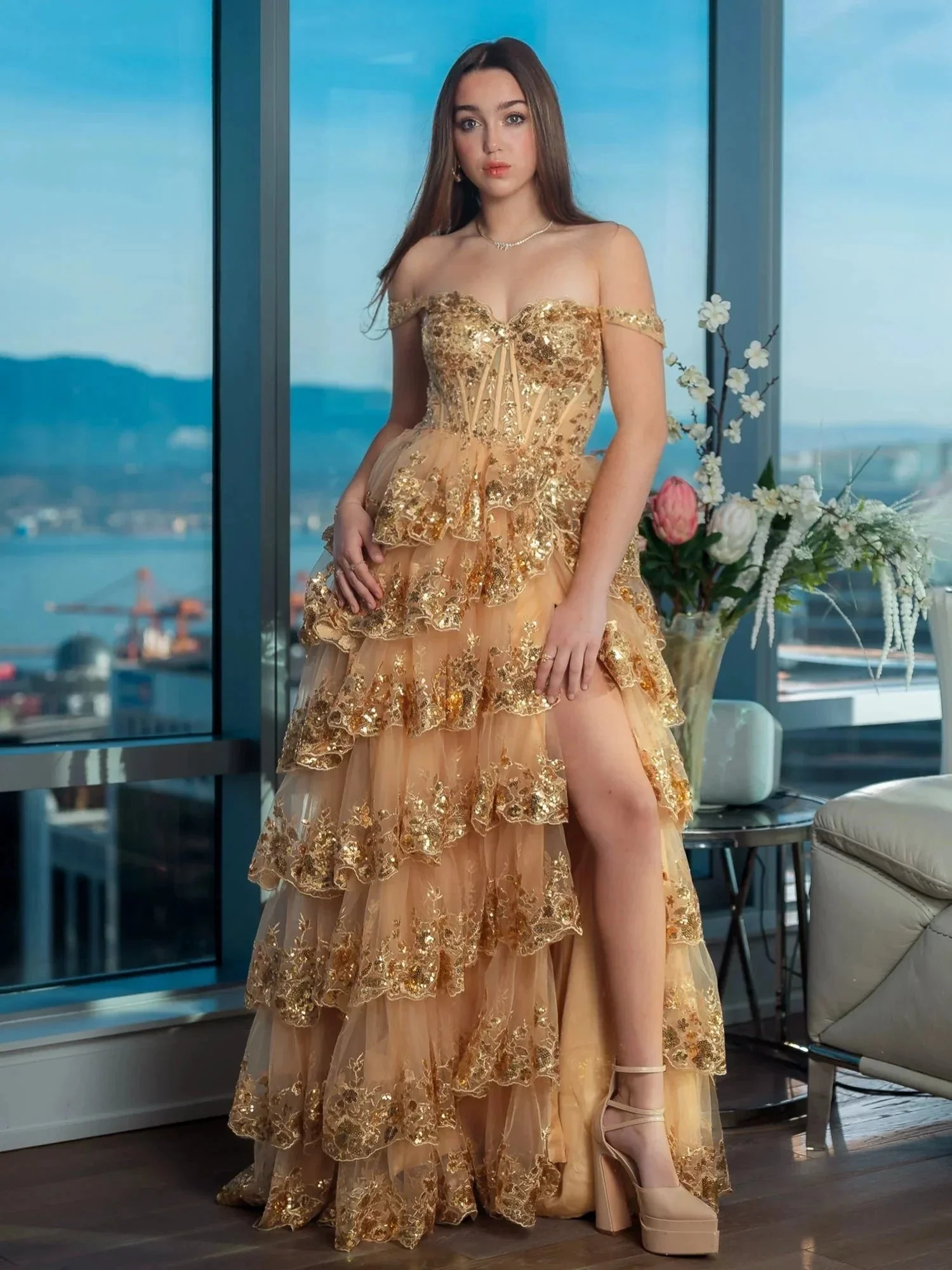 Princess A Line Off the Shoulder Corset Prom Dress with Lace Ruffles - Image 5