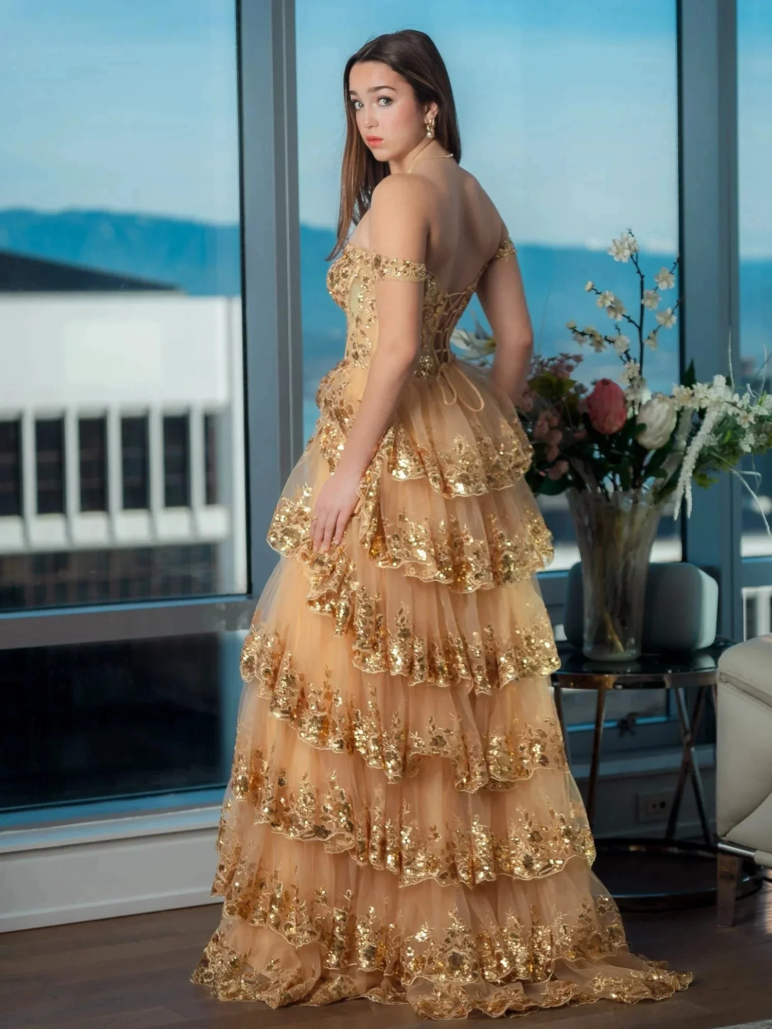 Princess A Line Off the Shoulder Corset Prom Dress with Lace Ruffles - Image 6