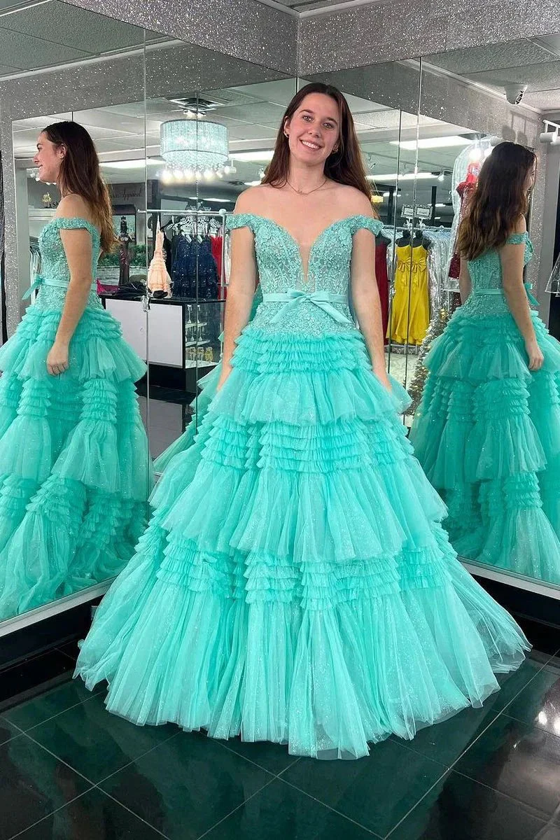Princess A Line Off the Shoulder Light Pink Long Prom Dress with Ruffles - Image 10