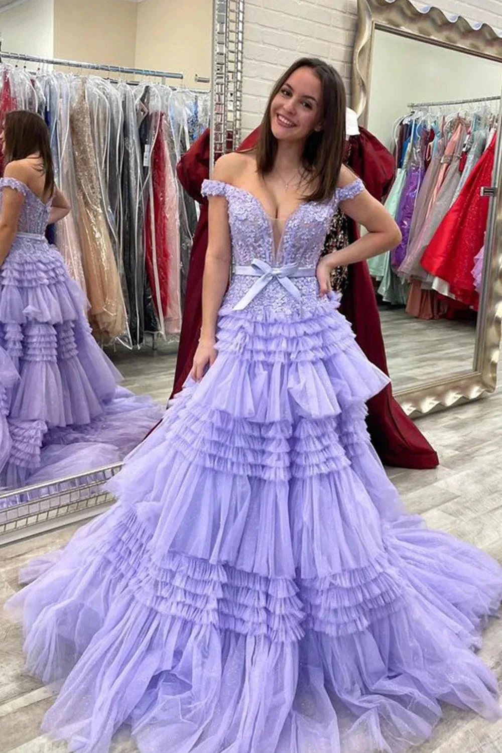 Princess A Line Off the Shoulder Light Pink Long Prom Dress with Ruffles - Image 7