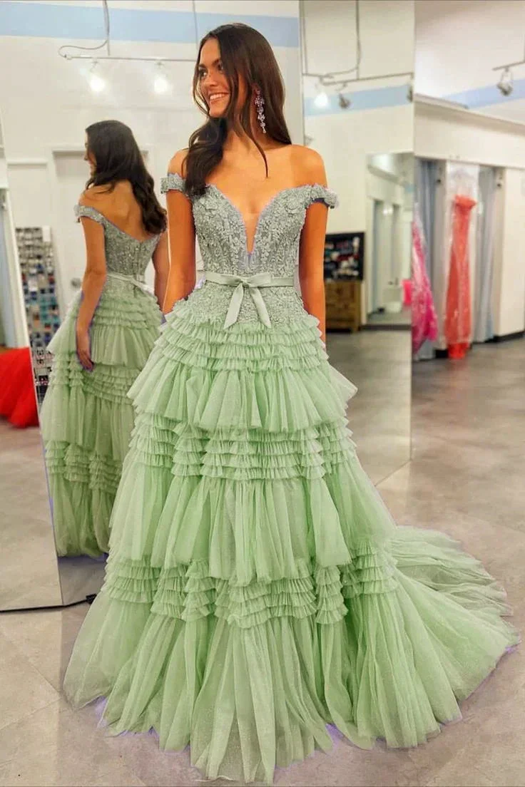Princess A Line Off the Shoulder Light Pink Long Prom Dress with Ruffles - Image 9