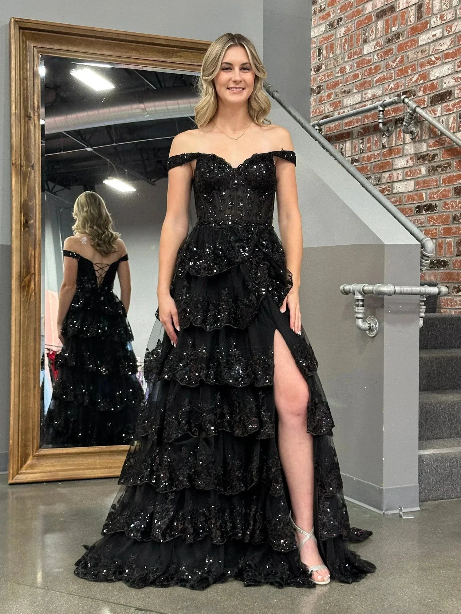 Princess A Line Off the Shoulder Corset Prom Dress with Lace Ruffles - Image 10
