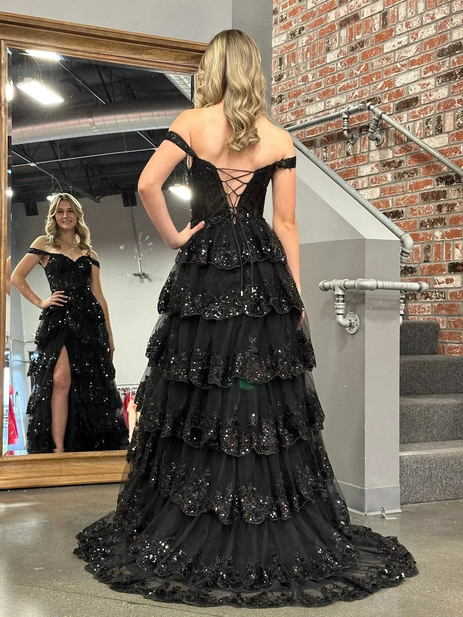 Princess A Line Off the Shoulder Corset Prom Dress with Lace Ruffles - Image 2