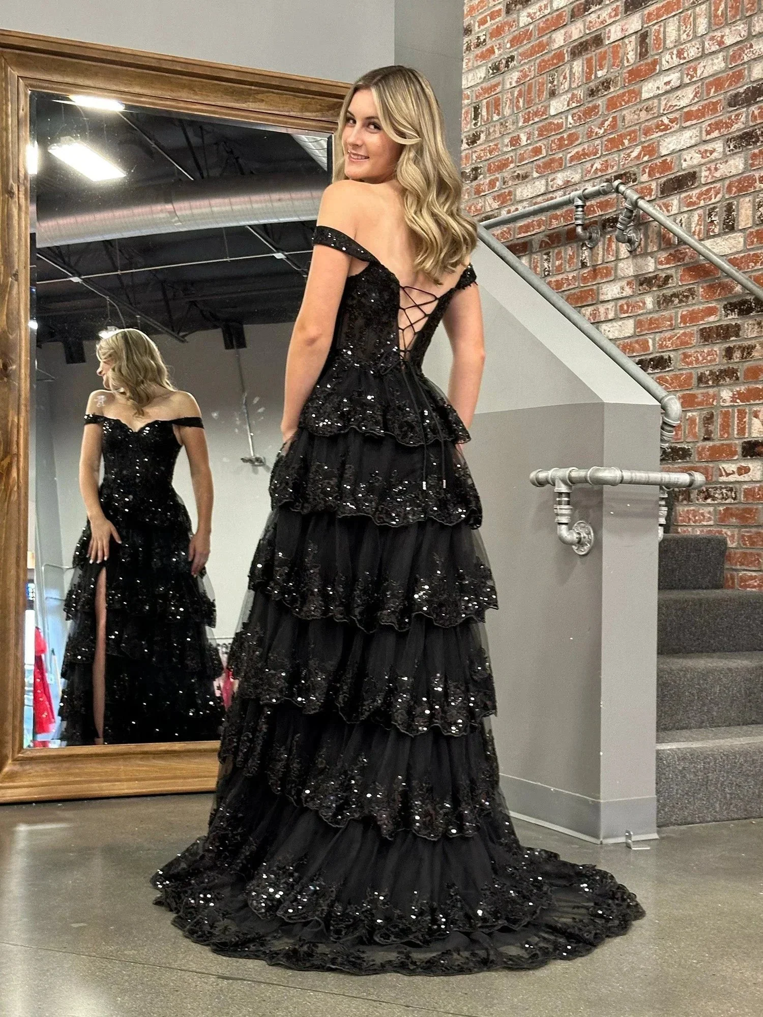 Princess A Line Off the Shoulder Corset Prom Dress with Lace Ruffles - Image 3