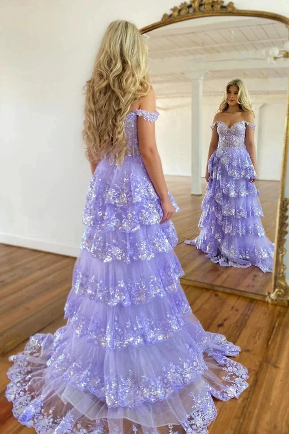 Princess A Line Off the Shoulder Corset Prom Dress with Lace Ruffles - Image 4