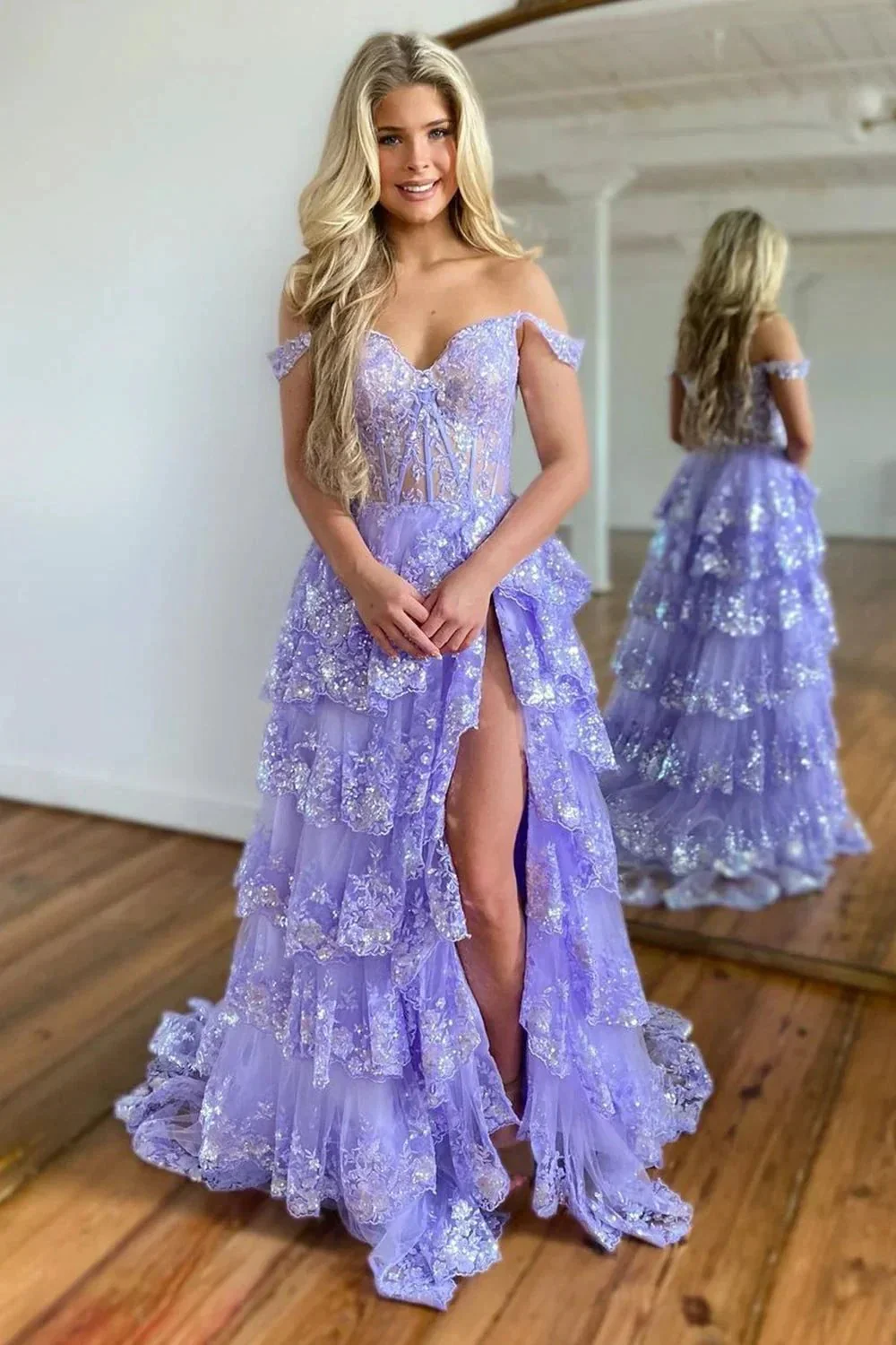 Princess A Line Off the Shoulder Corset Prom Dress with Lace Ruffles - Image 9