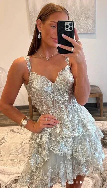 Princess A Line Tiered Short Glitter Homecoming Dress With Appliques Y6707 - Image 2
