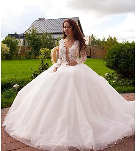 Princess A-Line V-Neck Tulle Ivory Long Sleeves Wedding Dresses  WD181 - Image 2