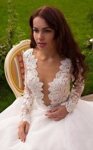 Princess A-Line V-Neck Tulle Ivory Long Sleeves Wedding Dresses  WD181 - Image 4