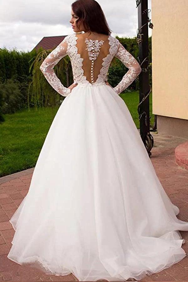 Princess A-Line V-Neck Tulle Ivory Long Sleeves Wedding Dresses  WD181 - Image 5